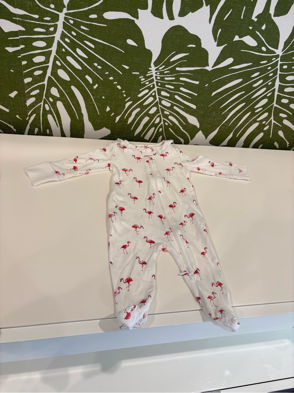 White Baby Footed One-Piece with Pink Flamingo Print🦩🤍